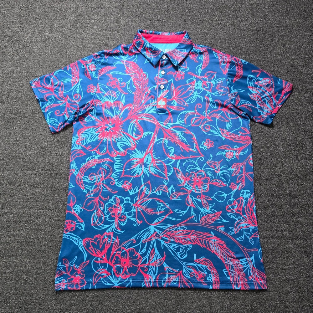Pins & Aces Golf Polo Blue Mens Large Tropical Floral Performance Shirt AOP Prep